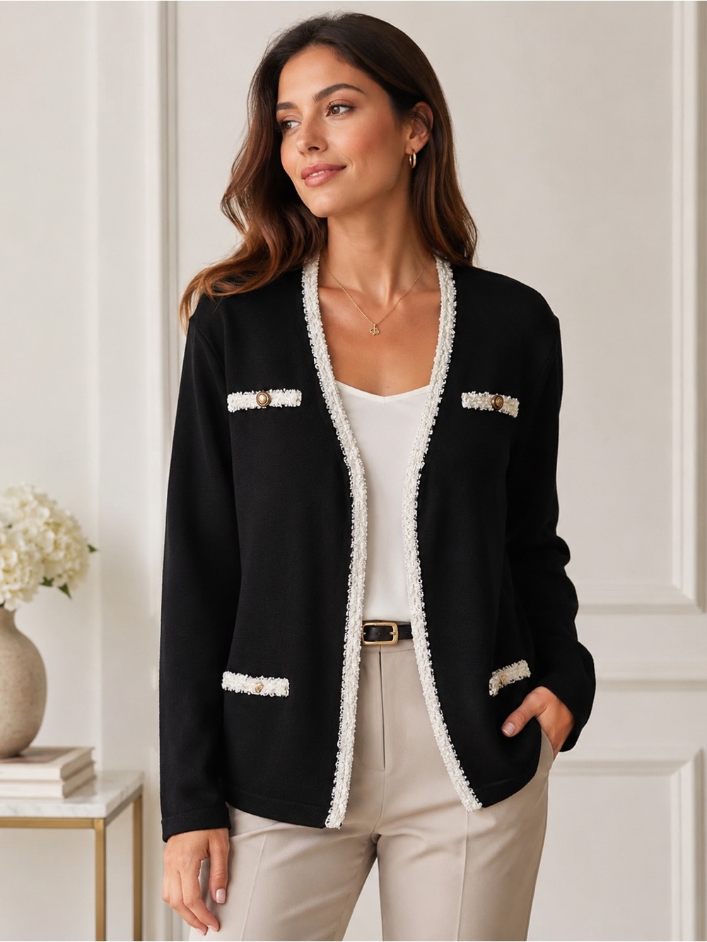 Adrianna Papell Black Open-Front Cardigan with White Tweed Trim